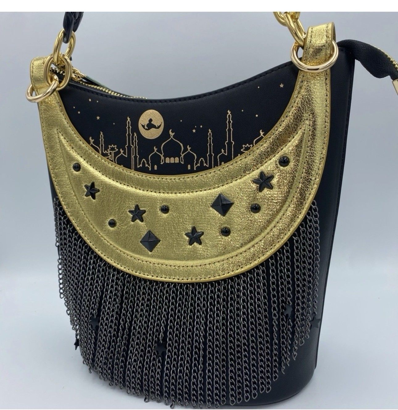 Danielle Nicole Disney Aladdin Black/Gold Bucket Bag Purse w/ Chain Fringe